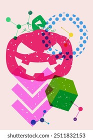 Abóbora de Halloween com formas geométricas. Jack O' Lantern e objetos na moda riso gráfico impressão textura design estilo com elementos de geometria.