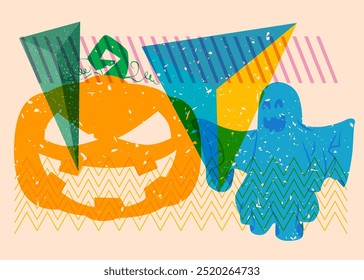 Risógrafo de Halloween abóbora e fantasma com formas geométricas. Objetos no design de estilo de textura de impressão de gráfico riso moderno com elementos de geometria.