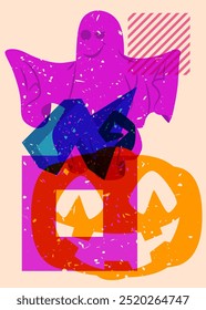 Risógrafo de Halloween abóbora e fantasma com formas geométricas. Objetos no design de estilo de textura de impressão de gráfico riso moderno com elementos de geometria.