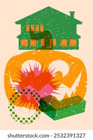 Risograph Halloween Pumpkin and house with geometric shapes. Objects in trendy riso graph print texture style design with geometry elements.