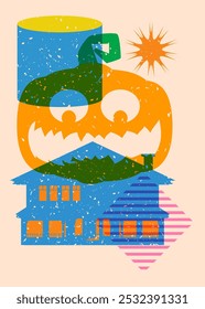 Risograph Halloween Pumpkin and house with geometric shapes. Objects in trendy riso graph print texture style design with geometry elements.