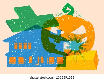 Risograph Halloween Pumpkin and house with geometric shapes. Objects in trendy riso graph print texture style design with geometry elements.