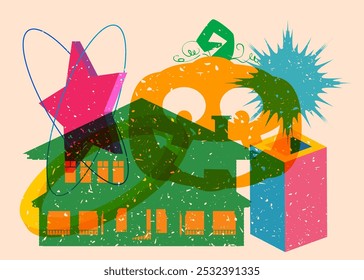 Risograph Halloween Pumpkin and house with geometric shapes. Objects in trendy riso graph print texture style design with geometry elements.