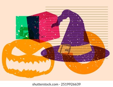 Risógrafo Halloween Pumpkin e Chapéu de Bruxa com formas geométricas. Objetos no design de estilo de textura de impressão de gráfico riso moderno com elementos de geometria.