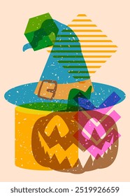 Risógrafo Halloween Pumpkin e Chapéu de Bruxa com formas geométricas. Objetos no design de estilo de textura de impressão de gráfico riso moderno com elementos de geometria.