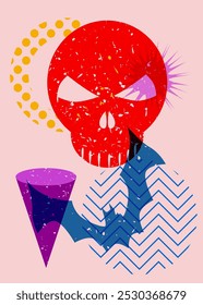 Risograph Halloween Skull and Bat with geometric shapes. Objects in trendy riso graph print texture style design with geometry elements.