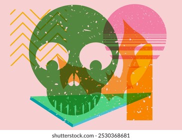 Risograph Halloween Skull and Bat with geometric shapes. Objects in trendy riso graph print texture style design with geometry elements.