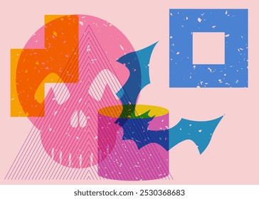 Risograph Halloween Skull and Bat with geometric shapes. Objects in trendy riso graph print texture style design with geometry elements.