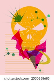 Risograph Halloween Skull and Bat with geometric shapes. Objects in trendy riso graph print texture style design with geometry elements.