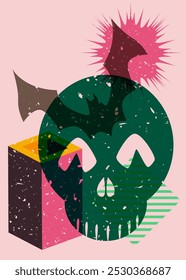 Risograph Halloween Skull and Bat with geometric shapes. Objects in trendy riso graph print texture style design with geometry elements.