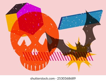 Risograph Halloween Skull and Bat with geometric shapes. Objects in trendy riso graph print texture style design with geometry elements.