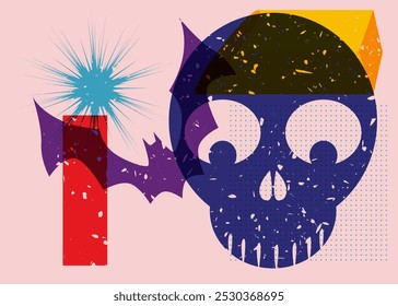 Risograph Halloween Skull and Bat with geometric shapes. Objects in trendy riso graph print texture style design with geometry elements.