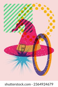Risograph Halloween Witch's Hat and geometric shapes. Holiday in trendy riso graph design.
