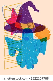 Risograph Halloween Witch's Hat and Ghost with geometric shapes. Objects in trendy riso graph print texture style design with geometry elements.