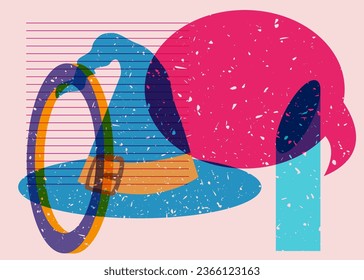 Risograph Halloween Witch's Hat with speech bubble and geometric shapes. Holiday in trendy riso graph design.