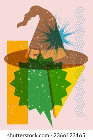 Risograph Halloween Witch's Hat with speech bubble and geometric shapes. Holiday in trendy riso graph design.