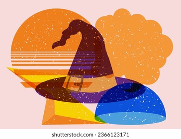 Risograph Halloween Witch's Hat with speech bubble and geometric shapes. Holiday in trendy riso graph design.