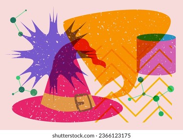 Risograph Halloween Witch's Hat with speech bubble and geometric shapes. Holiday in trendy riso graph design.