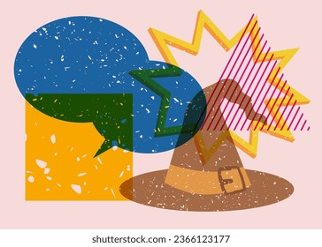 Risograph Halloween Witch's Hat with speech bubble and geometric shapes. Holiday in trendy riso graph design.