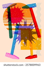 Risograph Hammer with geometric shapes. Objects in trendy riso graph print texture style design with geometry elements.