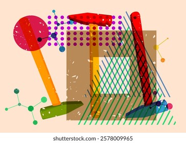 Risograph Hammer with geometric shapes. Objects in trendy riso graph print texture style design with geometry elements.