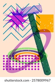 Risograph Hammer with geometric shapes. Objects in trendy riso graph print texture style design with geometry elements.