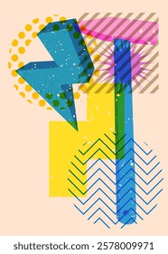 Risograph Hammer with geometric shapes. Objects in trendy riso graph print texture style design with geometry elements.