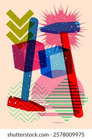 Risograph Hammer with geometric shapes. Objects in trendy riso graph print texture style design with geometry elements.