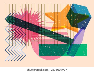 Risograph Hammer with geometric shapes. Objects in trendy riso graph print texture style design with geometry elements.