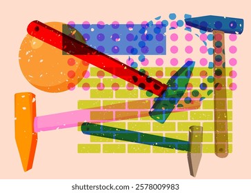 Risograph Hammer with geometric shapes. Objects in trendy riso graph print texture style design with geometry elements.