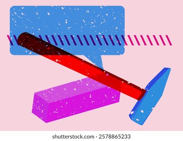 Risograph Hammer with speech bubble with geometric shapes. Objects in trendy riso graph print texture style design with geometry elements.