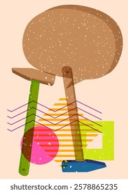 Risograph Hammer with speech bubble with geometric shapes. Objects in trendy riso graph print texture style design with geometry elements.