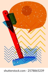 Risograph Hammer with speech bubble with geometric shapes. Objects in trendy riso graph print texture style design with geometry elements.