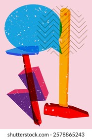 Risograph Hammer with speech bubble with geometric shapes. Objects in trendy riso graph print texture style design with geometry elements.