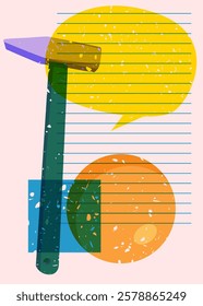 Risograph Hammer with speech bubble with geometric shapes. Objects in trendy riso graph print texture style design with geometry elements.