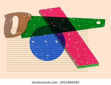 Risograph Hand Saw with geometric shapes. Objects in trendy riso graph print texture style design with geometry elements.