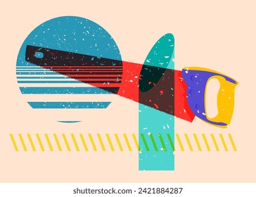 Risograph Hand Saw with geometric shapes. Objects in trendy riso graph print texture style design with geometry elements.