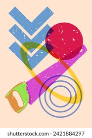 Risograph Hand Saw with geometric shapes. Objects in trendy riso graph print texture style design with geometry elements.