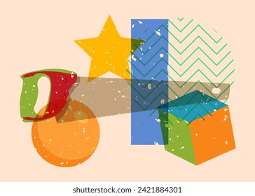 Risograph Hand Saw with geometric shapes. Objects in trendy riso graph print texture style design with geometry elements.