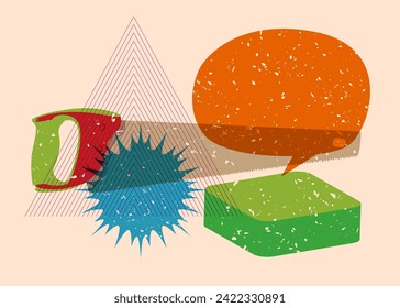 Risograph Hand Saw with speech bubble with geometric shapes. Objects in trendy riso graph print texture style design with geometry elements.