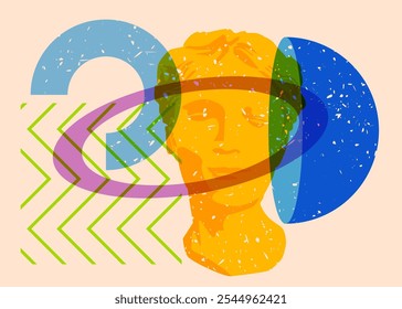 Risograph Head Sculpture with geometric shapes. Objects in trendy riso graph print texture style design with geometry elements.