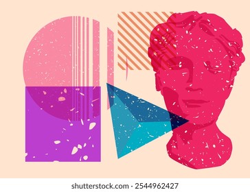 Risograph Head Sculpture with geometric shapes. Objects in trendy riso graph print texture style design with geometry elements.