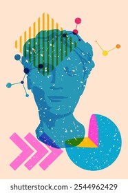 Risograph Head Sculpture with geometric shapes. Objects in trendy riso graph print texture style design with geometry elements.