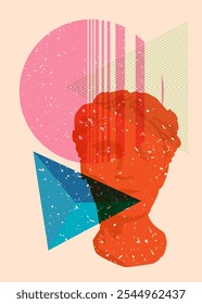 Risograph Head Sculpture with geometric shapes. Objects in trendy riso graph print texture style design with geometry elements.