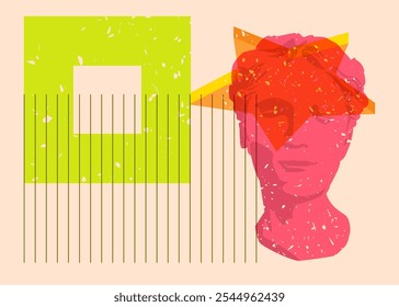 Risograph Head Sculpture with geometric shapes. Objects in trendy riso graph print texture style design with geometry elements.