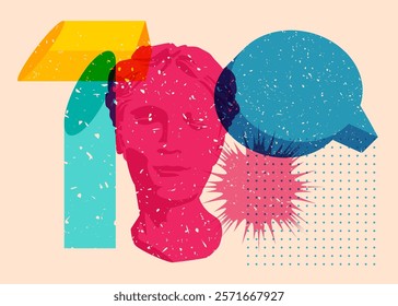 Risograph Head Statue with speech bubble with geometric shapes. Objects in trendy riso graph print texture style design with geometry elements.