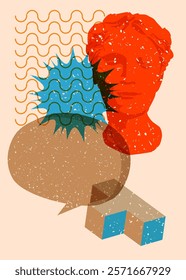 Risograph Head Statue with speech bubble with geometric shapes. Objects in trendy riso graph print texture style design with geometry elements.