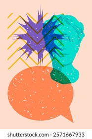 Risograph Head Statue with speech bubble with geometric shapes. Objects in trendy riso graph print texture style design with geometry elements.