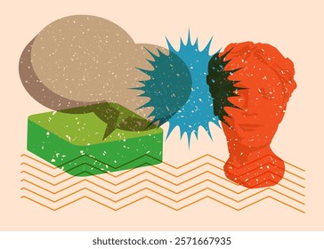 Risograph Head Statue with speech bubble with geometric shapes. Objects in trendy riso graph print texture style design with geometry elements.