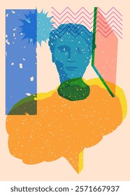 Risograph Head Statue with speech bubble with geometric shapes. Objects in trendy riso graph print texture style design with geometry elements.